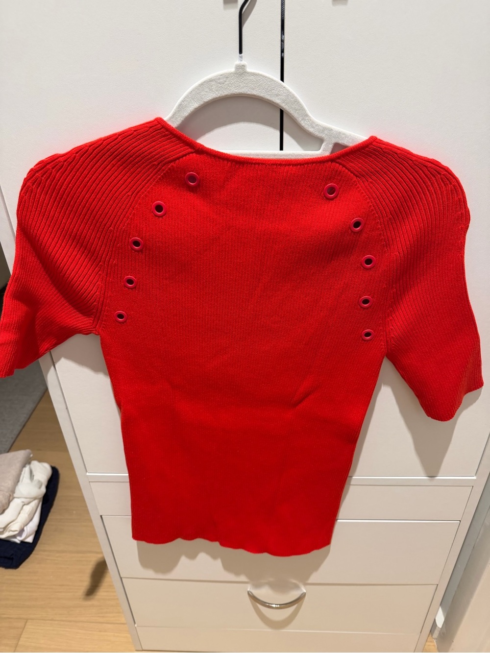 Akris Punto Red Short Sleeve Ribbed Top with Eyelet Accents - Picture 5 of 5